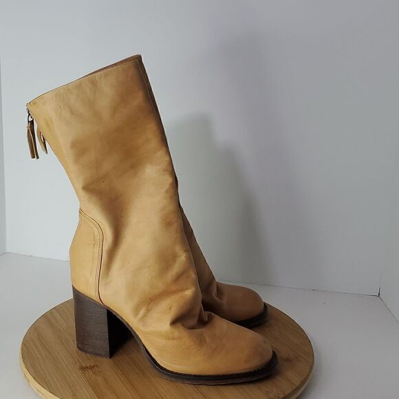 Free People Tan Elle Slouchy Leather Block Heel Boot Size 38 (7.5) - Picture 1 of 15